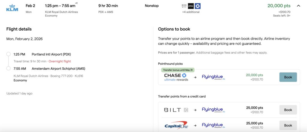 POINTHOUND AWARD FLIGHT BOOKING OPTIONS