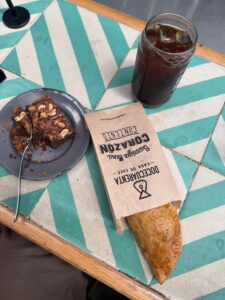 coffee, empanada and brownie at Docecuarenta coffee shop in Todos Santos Baja Sur